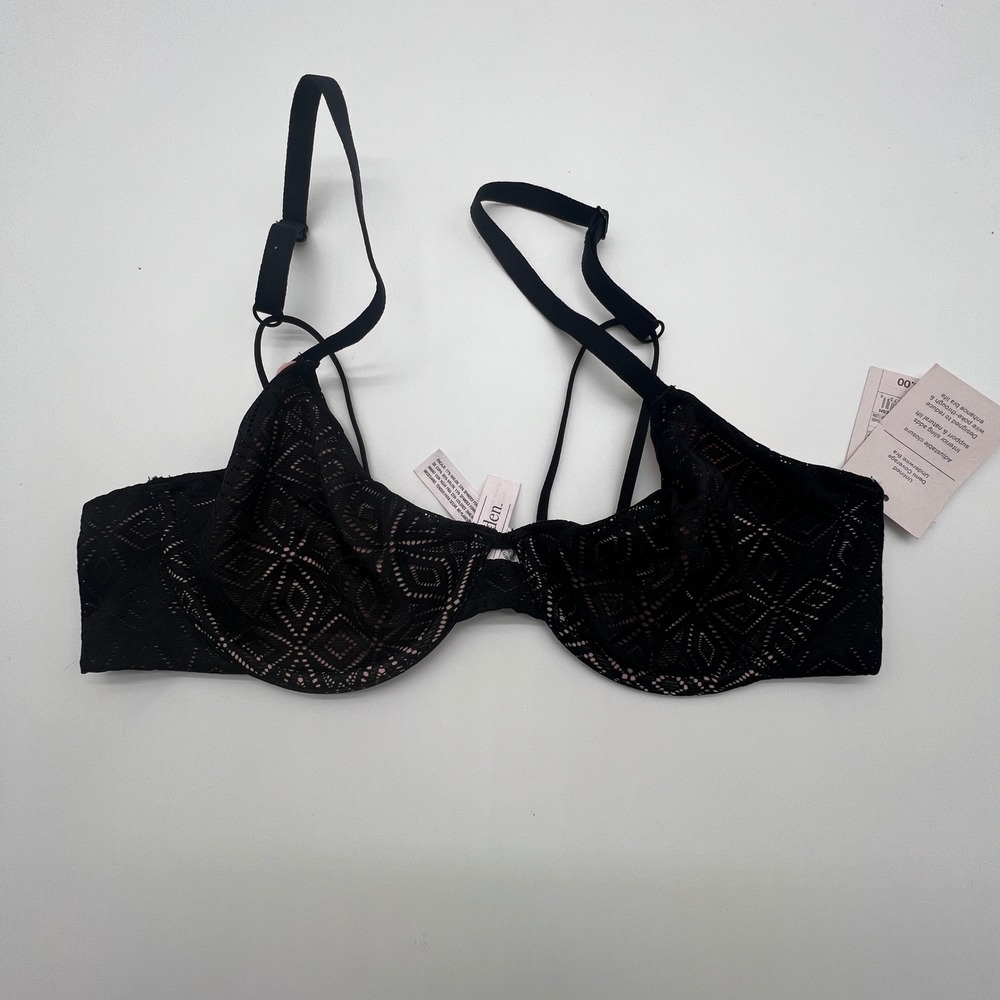 Auden Black Geometric Lace Unlined Demi Coverage Underwire Bra 34B 5310